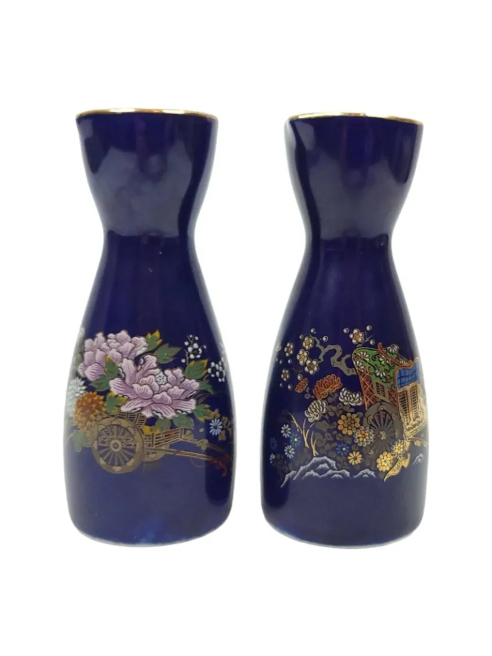 Japanese Kutani Style Cobalt Blue Ceramic Sake Carafe Set Flower Vintage Japan